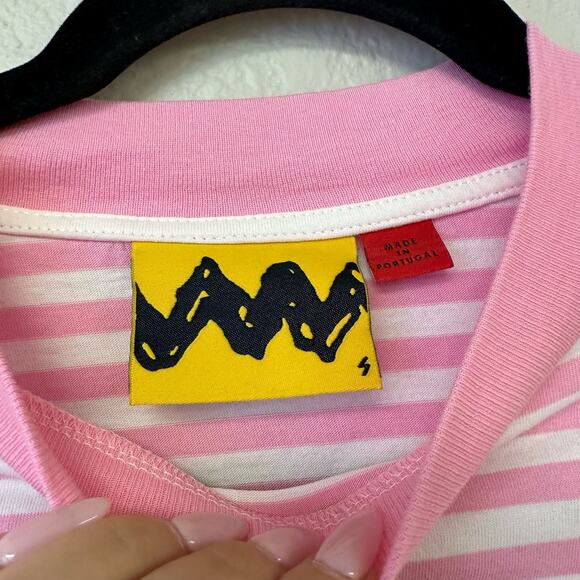 Lazy Oaf X Peanuts Stripe Crew Neck Snoopy Short Sleeve Tee Pink Size Small - Picture 4 of 7